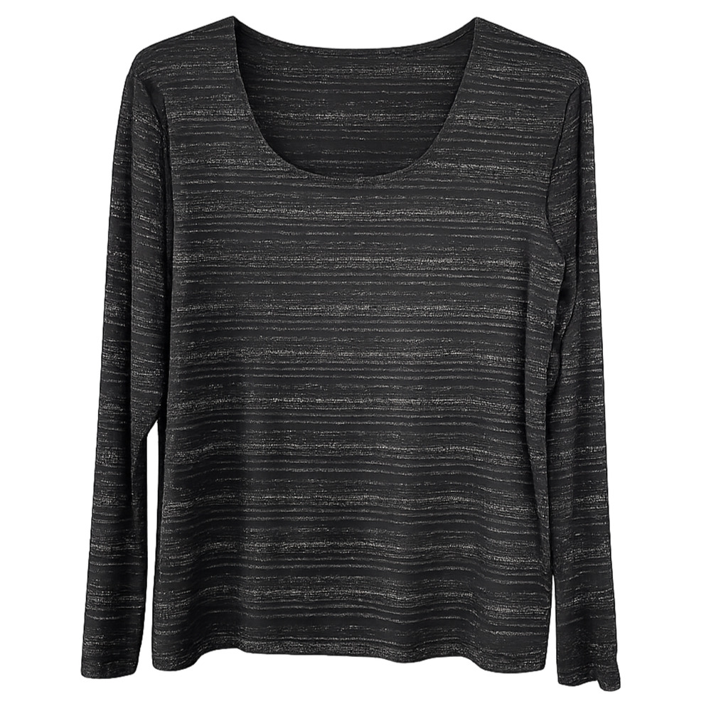 Chicos Long Sleeve Top Women's L Black Silver Metallic Shimmer Stretch Knit - Picture 2 of 8